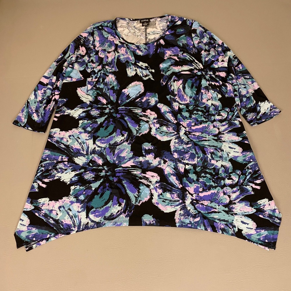 Evans Tunic Top Women Sz. 20 Abstract Floral Sharkbite Hem Blue Black 3/4 Sleeve